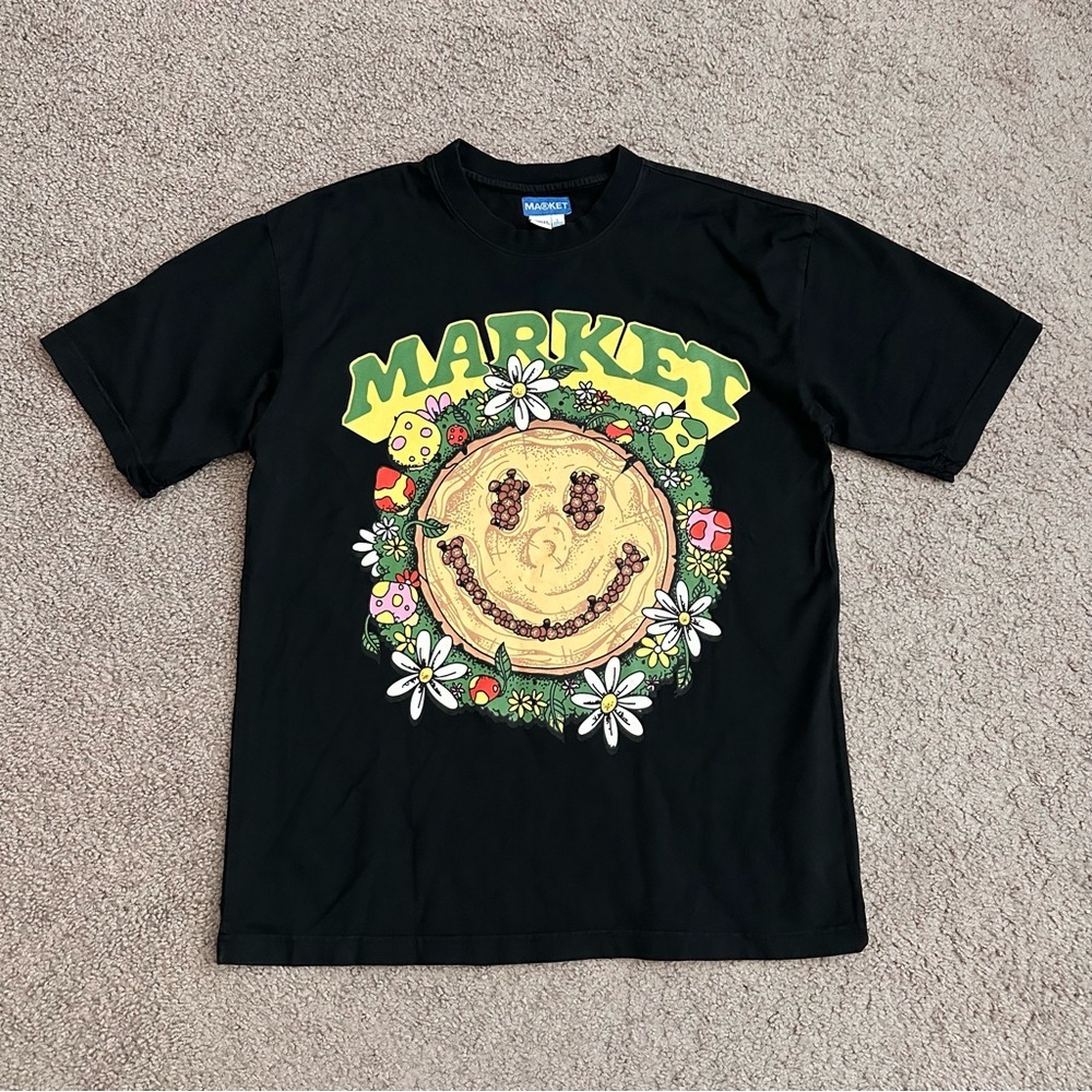Market Black Floral Smiley Face Graphic Tee T Shirt Mens L